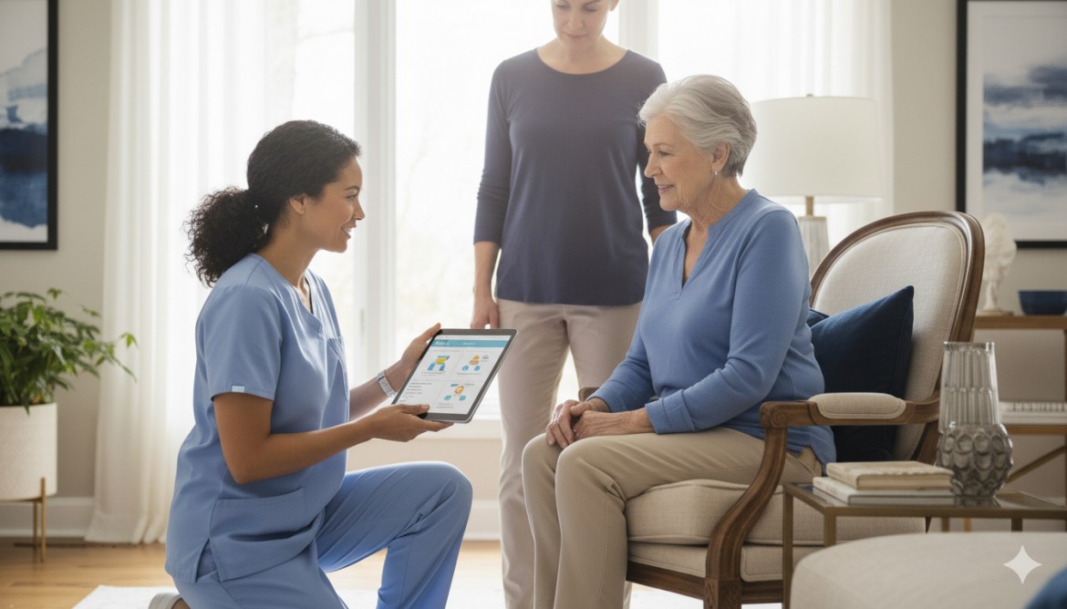 A compassionate caregiver discussing a personalized care plan with an elderly patient at home.