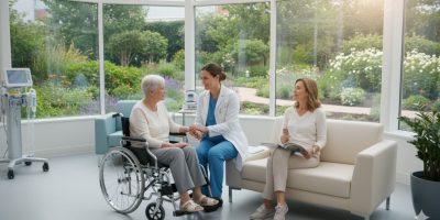 A family caregiver enjoying a moment of rest while a professional caregiver attends to their loved one.