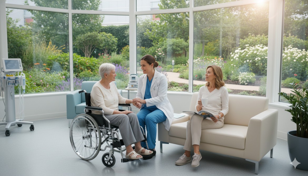A family caregiver enjoying a moment of rest while a professional caregiver attends to their loved one.