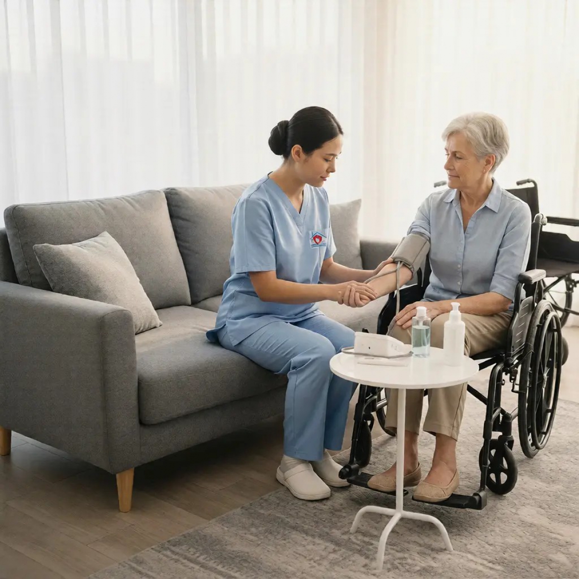 A physical therapist assisting a patient with rehabilitation exercises at home.